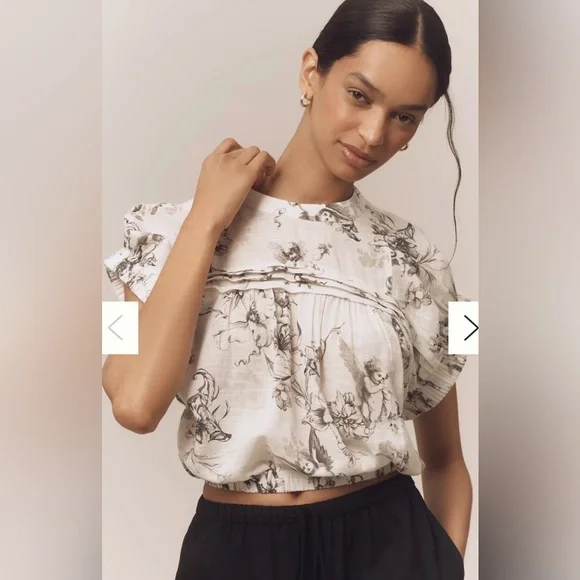 Pilcro Anthropologie Print Ruffle Puff Sleeve Crop black/white XXS top NWT - Picture 2 of 7